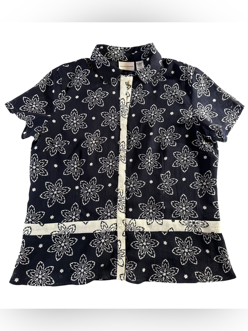 Alfred Dunner Navy and Cream Floral Button-Front Blouse 16